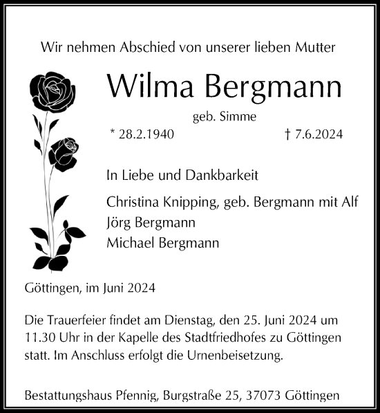 Traueranzeige von Wilma Bergmann von Göttinger Tageblatt