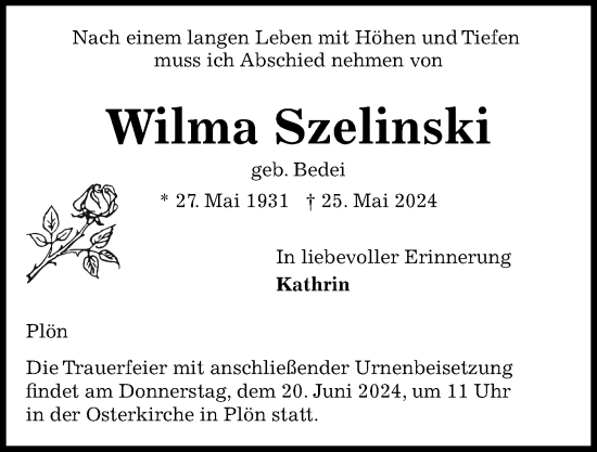 Traueranzeige von Wilma Szelinski von Kieler Nachrichten