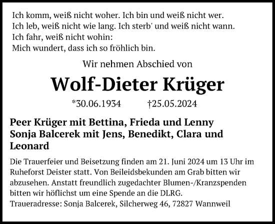 Traueranzeige von Wolf-Dieter Krüger von Hannoversche Allgemeine Zeitung/Neue Presse