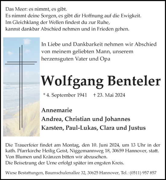 Traueranzeige von Wolfgang Benteler von Hannoversche Allgemeine Zeitung/Neue Presse