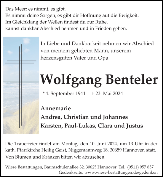 Traueranzeige von Wolfgang Benteler von Hannoversche Allgemeine Zeitung/Neue Presse