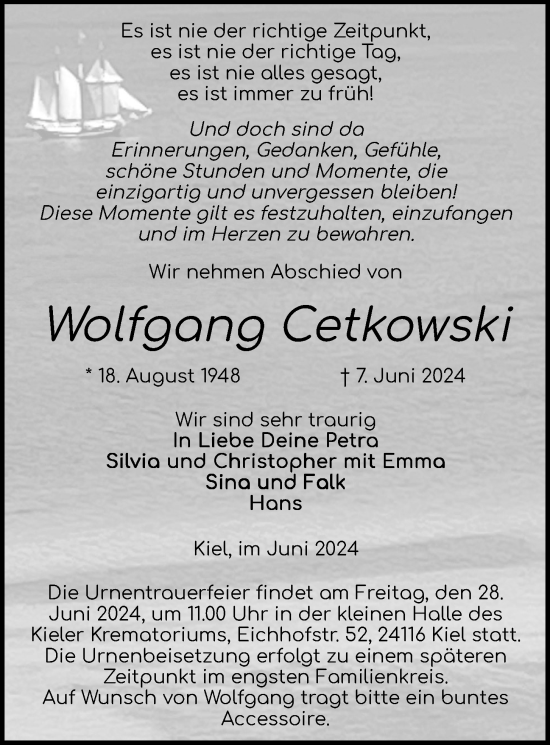 Traueranzeige von Wolfgang Cetkowski von Kieler Nachrichten