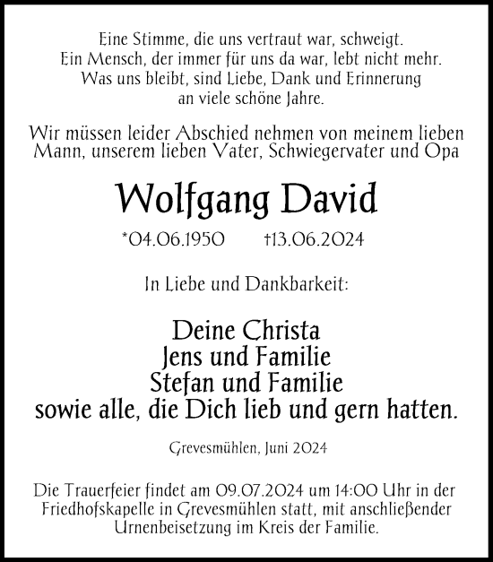 Traueranzeige von Wolfgang David von Ostsee-Zeitung GmbH