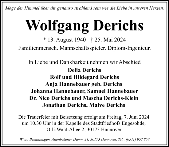 Traueranzeige von Wolfgang Derichs von Hannoversche Allgemeine Zeitung/Neue Presse