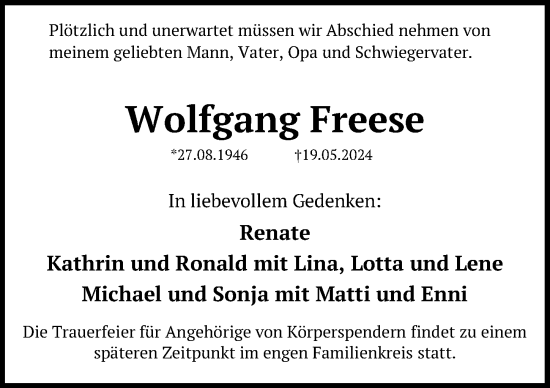 Traueranzeige von Wolfgang Freese von Lübecker Nachrichten