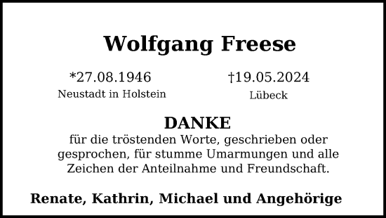 Traueranzeige von Wolfgang Freese von Lübecker Nachrichten