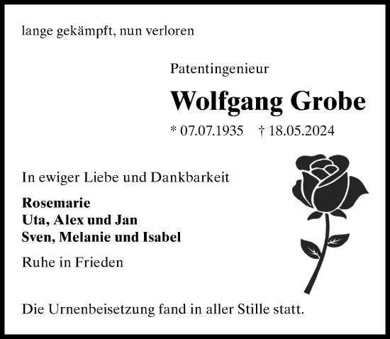 Traueranzeige von Wolfgang Grobe von Märkischen Allgemeine Zeitung