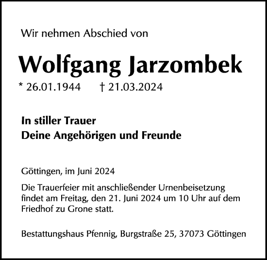 Traueranzeige von Wolfgang Jarzombek von Göttinger Tageblatt