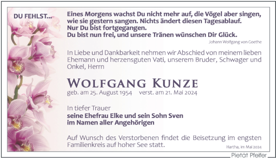 Traueranzeige von Wolfgang Kunze von Leipziger Volkszeitung