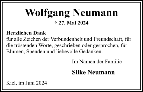 Traueranzeige von Wolfgang Neumann von Kieler Nachrichten