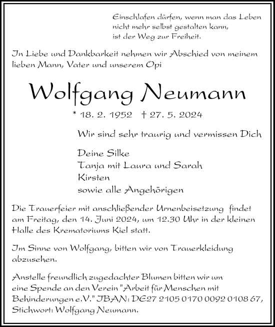 Traueranzeige von Wolfgang Neumann von Kieler Nachrichten