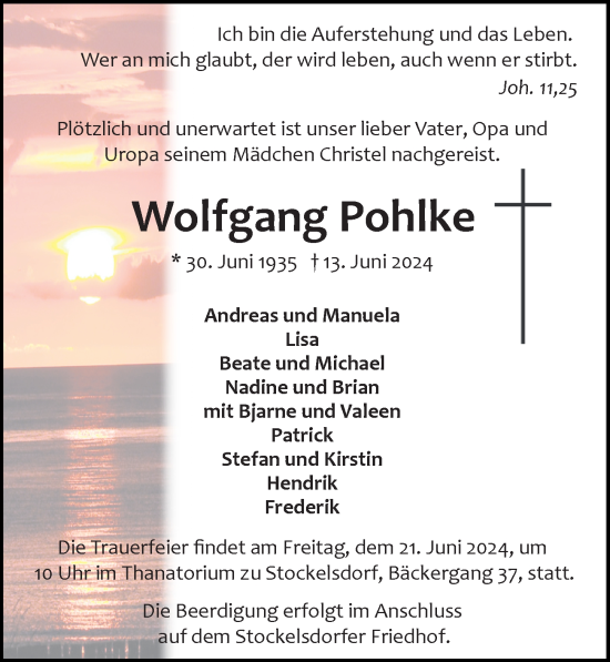 Traueranzeige von Wolfgang Pohlke von Lübecker Nachrichten