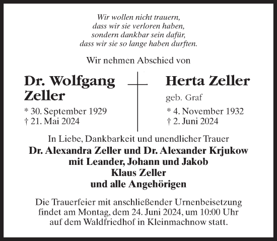 Traueranzeige von Wolfgang Zeller von Märkischen Allgemeine Zeitung