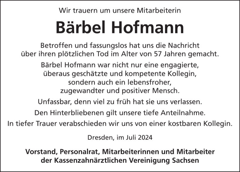  Traueranzeige für Bärbel Hofmann vom 06.07.2024 aus Sächsische Zeitung