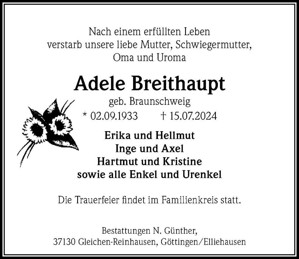  Traueranzeige für Adele Breithaupt vom 20.07.2024 aus Göttinger Tageblatt