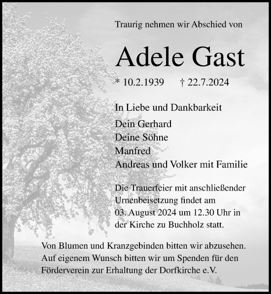 Traueranzeige von Adele Gast von Ostsee-Zeitung GmbH