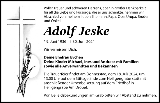 Traueranzeige von Adolf Jeske von Wochenspiegel