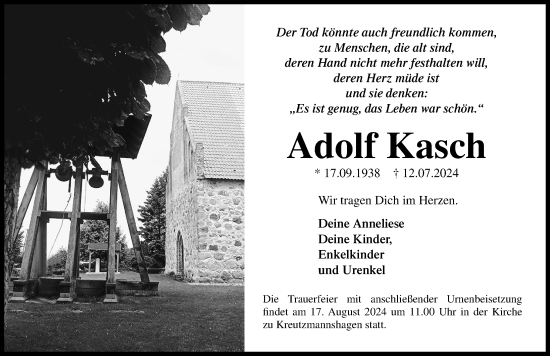 Traueranzeige von Adolf Kasch von Ostsee-Zeitung GmbH