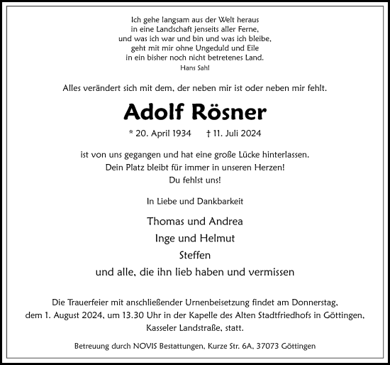 Traueranzeige von Adolf Rösner von Göttinger Tageblatt