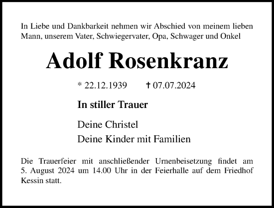 Traueranzeige von Adolf Rosenkranz von Ostsee-Zeitung GmbH
