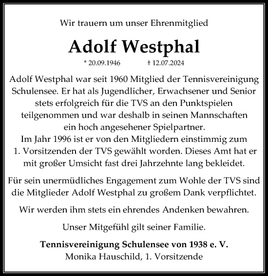 Traueranzeige von Adolf Westphal von Kieler Nachrichten