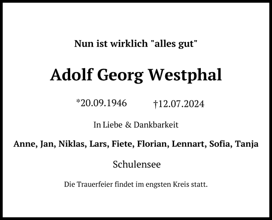 Traueranzeige von Adolf Georg Westphal von Kieler Nachrichten
