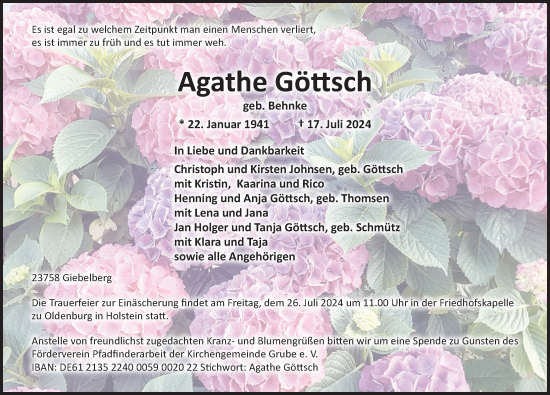 Traueranzeige von Agathe Göttsch von Lübecker Nachrichten