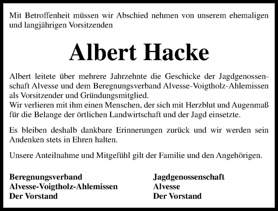 Traueranzeige von Albert Hacke von Peiner Allgemeine Zeitung