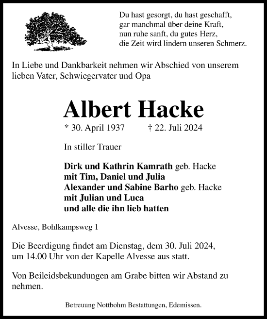 Traueranzeige von Albert Hacke von Peiner Allgemeine Zeitung