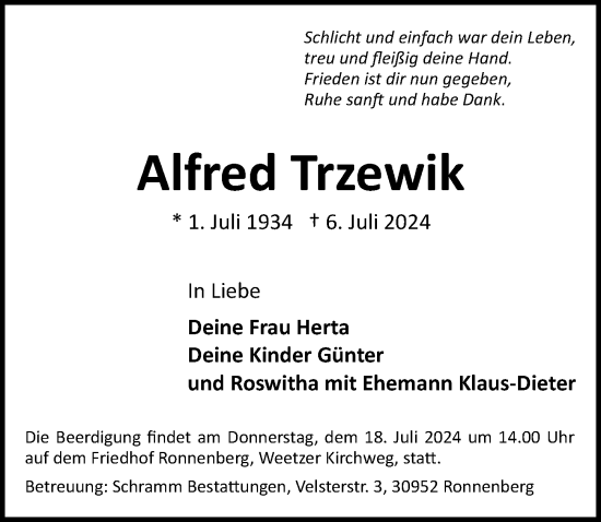 Traueranzeige von Alfred Trzewik von Hannoversche Allgemeine Zeitung/Neue Presse