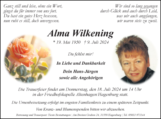 Traueranzeige von Alma Wilkening von Hannoversche Allgemeine Zeitung/Neue Presse