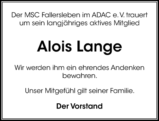 Traueranzeige von Alois Lange von Aller Zeitung