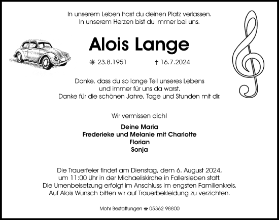 Traueranzeige von Alois Lange von Aller Zeitung