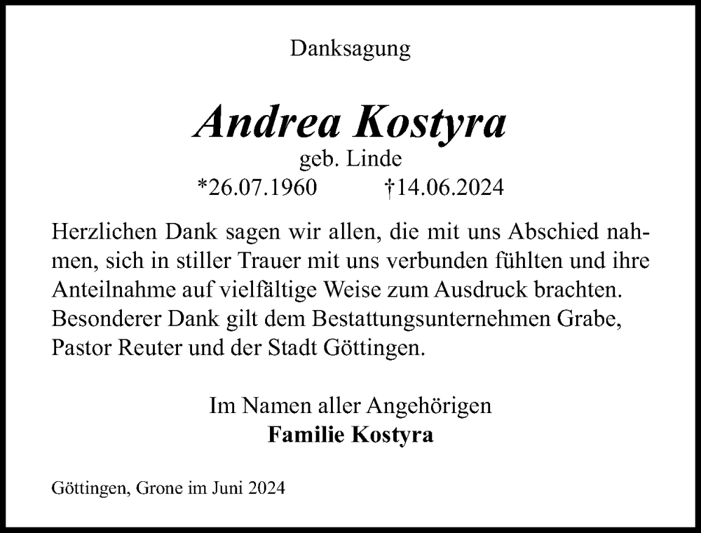  Traueranzeige für Andrea Kostyra vom 13.07.2024 aus Göttinger Tageblatt