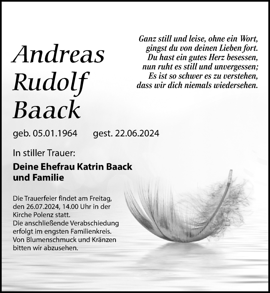  Traueranzeige für Andreas Baack vom 06.07.2024 aus Leipziger Volkszeitung