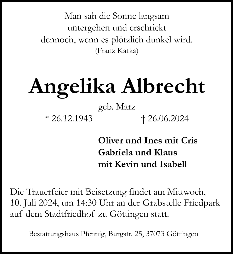  Traueranzeige für Angelika Albrecht vom 06.07.2024 aus Göttinger Tageblatt