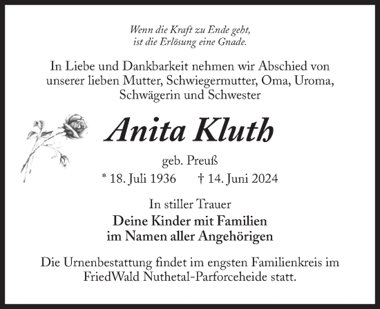 Traueranzeige von Anita Kluth von Märkischen Allgemeine Zeitung