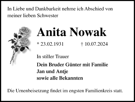 Traueranzeige von Anita Nowak von Ostsee-Zeitung GmbH