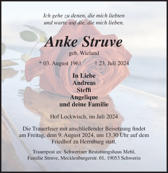 Traueranzeige von Anke Struve von Ostsee-Zeitung GmbH