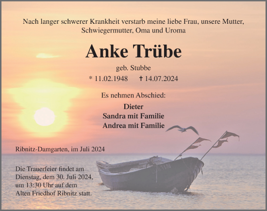 Traueranzeige von Anke Trübe von Ostsee-Zeitung GmbH