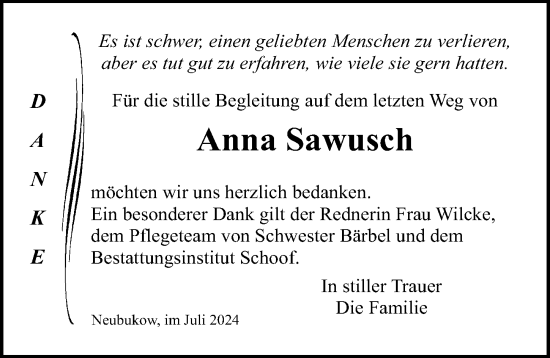 Traueranzeige von Anna Sawusch von Ostsee-Zeitung GmbH