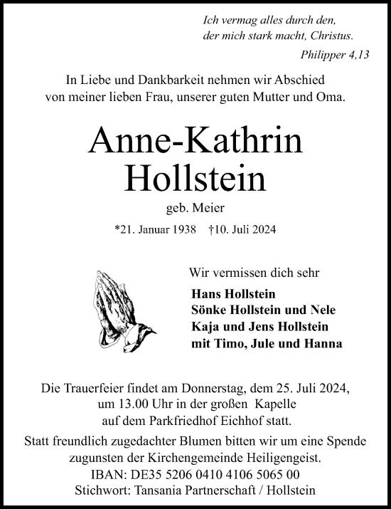 Traueranzeige von Anne-Kathrin Hollstein von Kieler Nachrichten