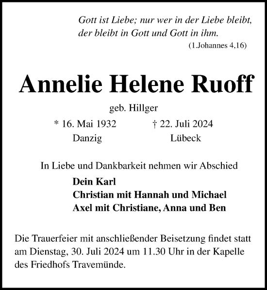 Traueranzeige von Annelie Helene Ruoff von Lübecker Nachrichten