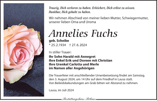 Traueranzeige von Annelies Fuchs von Torgauer Zeitung