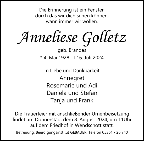 Traueranzeige von Anneliese Golletz von Aller Zeitung