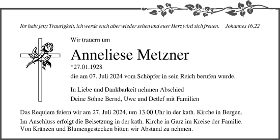 Traueranzeige von Anneliese Metzner von Ostsee-Zeitung GmbH