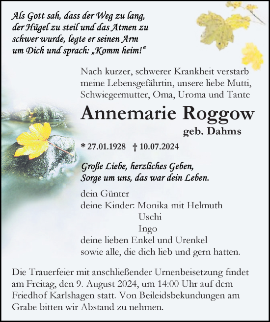 Traueranzeige von Annemarie Roggow von Ostsee-Zeitung GmbH