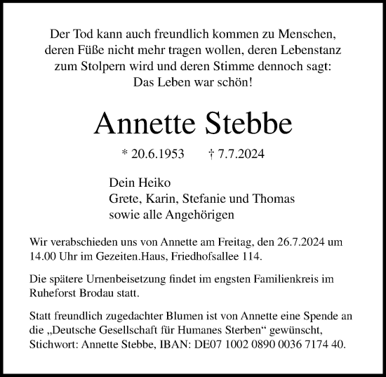 Traueranzeige von Annette Stebbe von Lübecker Nachrichten