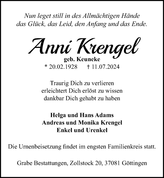 Traueranzeige von Anni Krengel von Göttinger Tageblatt
