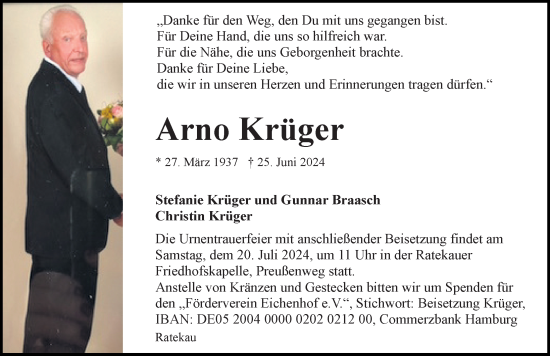 Traueranzeige von Arno Krüger von Lübecker Nachrichten